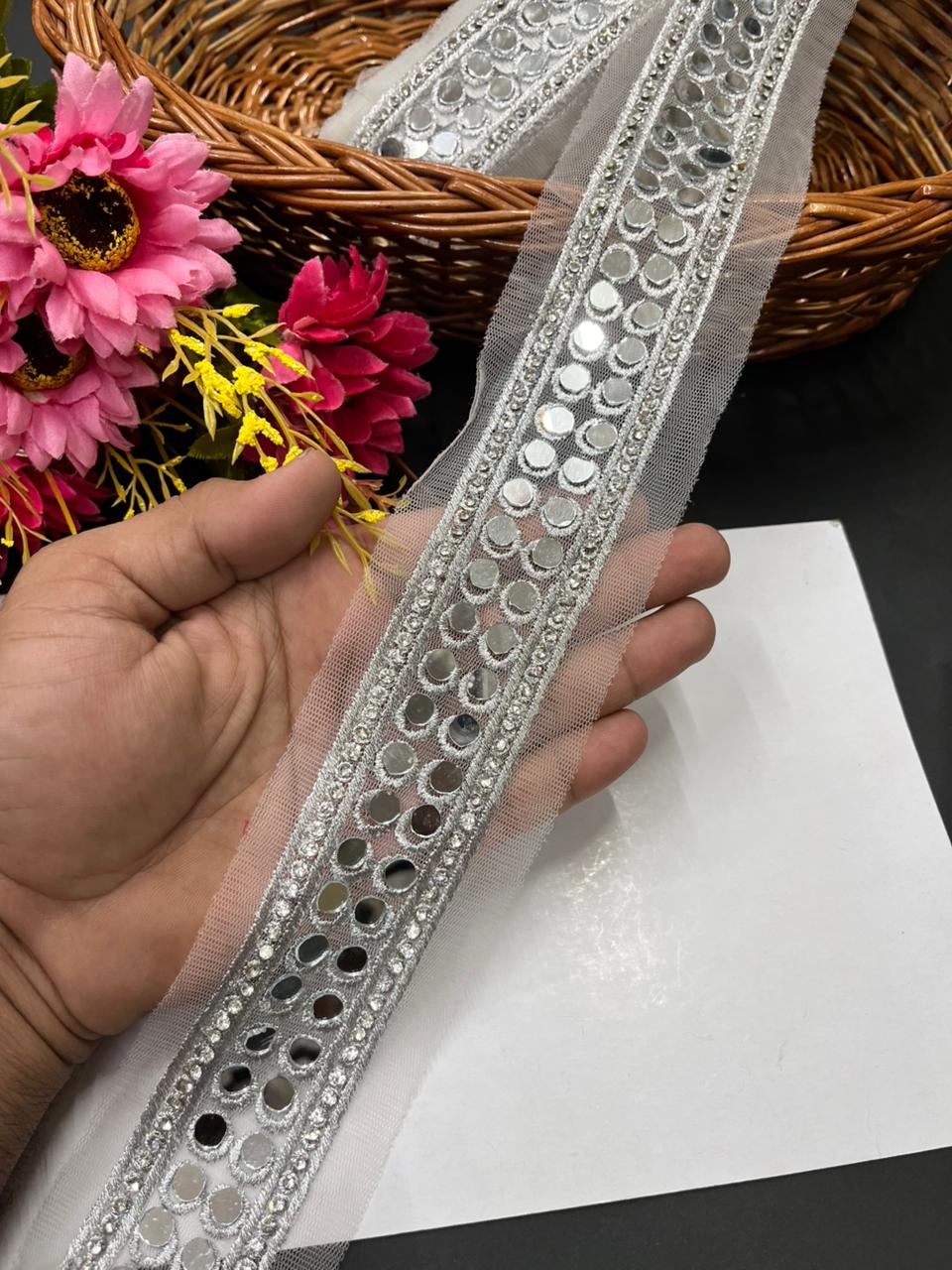 Real Mirror Work Laces & Trims – Designer Mirror Embroidered Borders for Sarees, Lehengas & Dupattas (9 Meter, 1.5 Inch Width) | Silver
