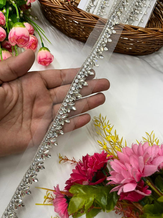Handcrafted Rhinestone Trim for Sarees, Lehengas & Dresses – Designer Handmade Stone Lace Border (1 Inch) Silver