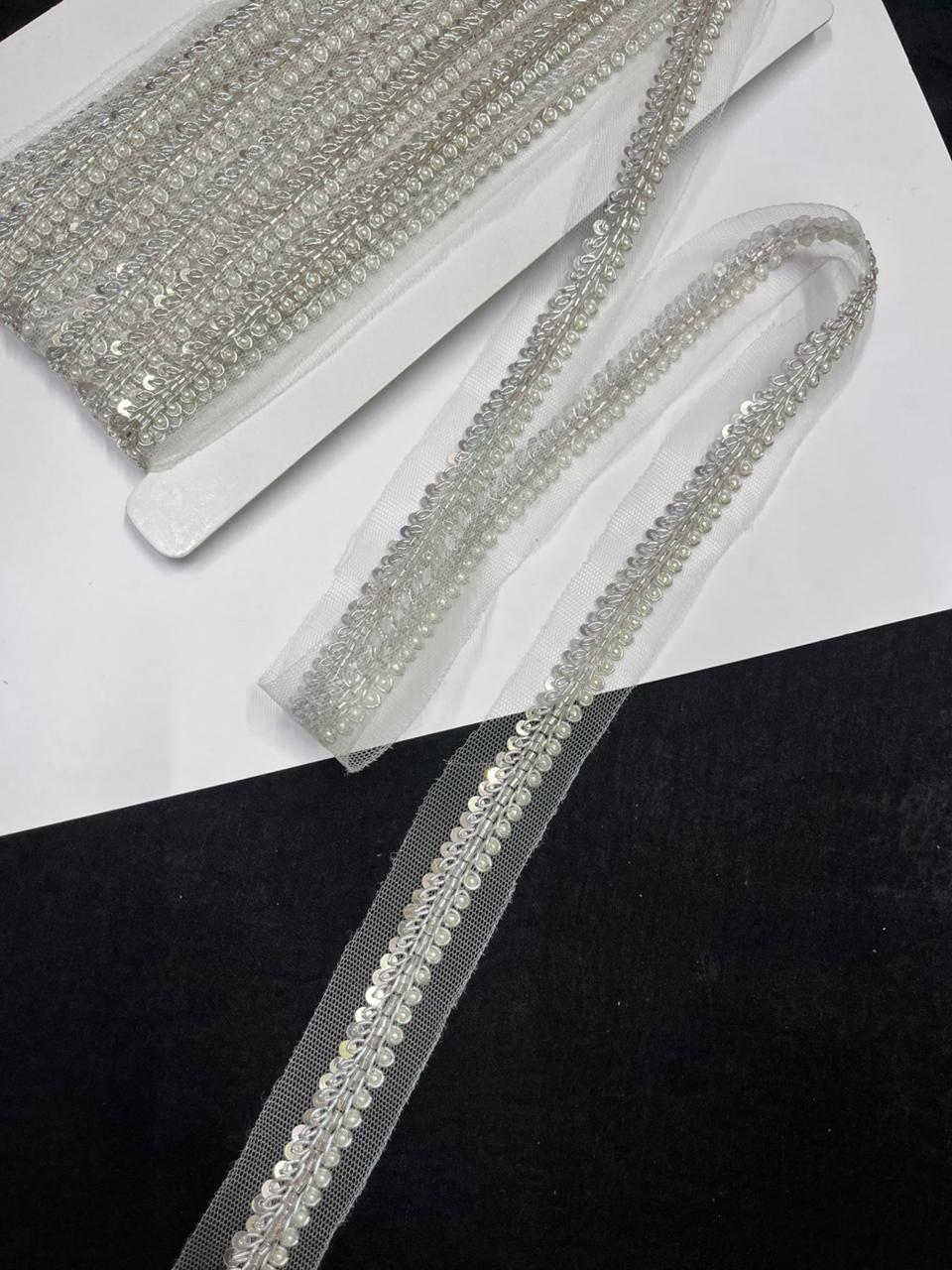Handcrafted Cutdana (Bead) Lace with Sequins – Premium Handmade Designer Lace | Silver