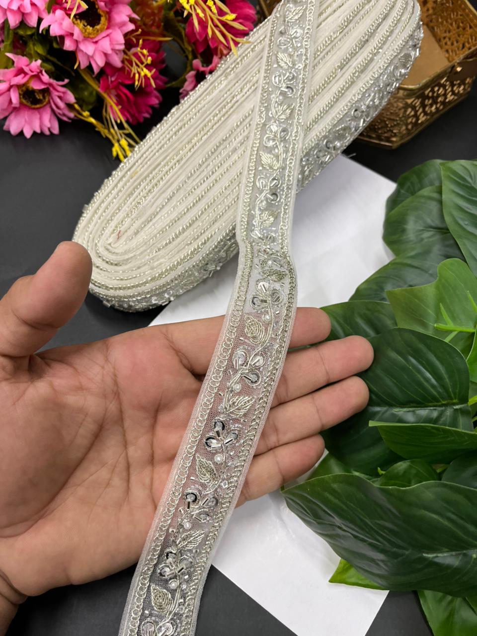 Pearl Zari Embroidered Net Lace – Designer Maggam Work Border for Sarees, Lehengas & Dupattas (9 Meter, 1 Inch Width) | Silver