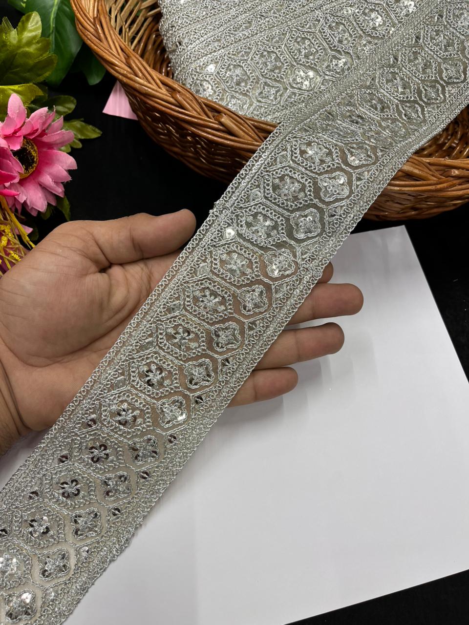 Gold Embroidered Sequins Zari Lace – Premium Designer Gold Embroidered Lace | Silver