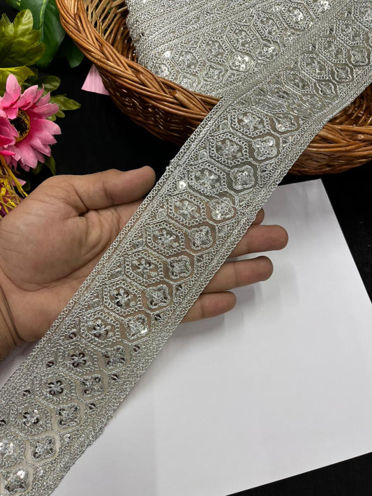 Gold Embroidered Sequins Zari Lace – Premium Designer Gold Embroidered Lace | Silver
