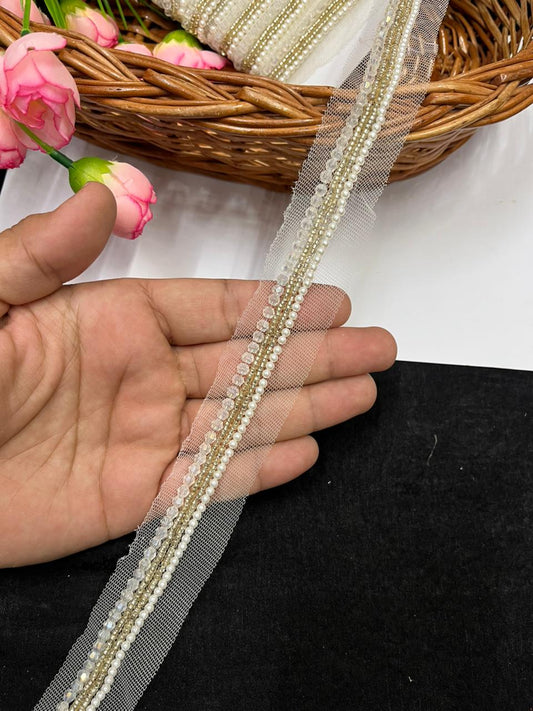 Luxurious Crystal with Pearl Handcrafted Lace – Premium Designer Handmade Lace | Silver