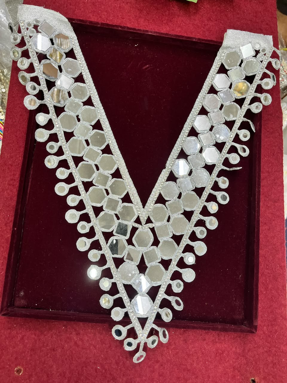Real Mirror Work Neck Patch for Kurtis, Dresses & Blouses – Designer Handcrafted Mirror Neckline Applique | DC0986 | Silver