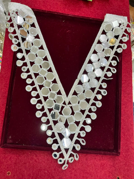 Real Mirror Work Neck Patch for Kurtis, Dresses & Blouses – Designer Handcrafted Mirror Neckline Applique | DC0986 | Silver