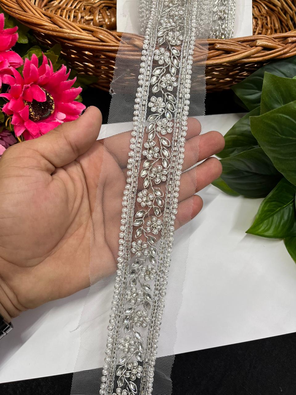 Exclusive Handmade Lace on Net Fabric – Premium 1.5 Inch Decorative Border for Ethnic & Festive Wear (9 Meter) | Silver