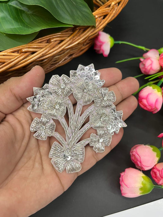 Handmade Zardosi Cutwork Patch | Zardosi Applique for Sarees, Lehengas & Bridal Wear | Silver