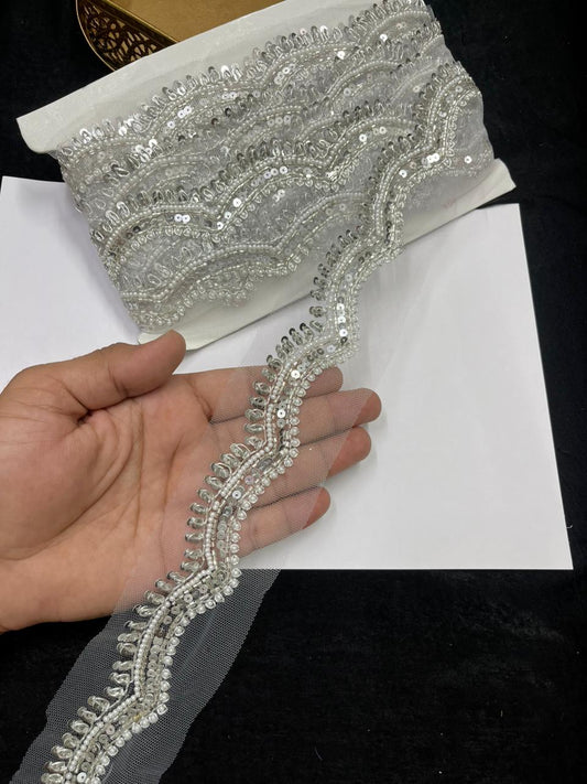 Scalloped Sequins Zardozi Lace on Net Fabric for Sarees, Kurtis & Dresses – Designer Handmade Embroidered Lace Border (1 Inch) | Silver