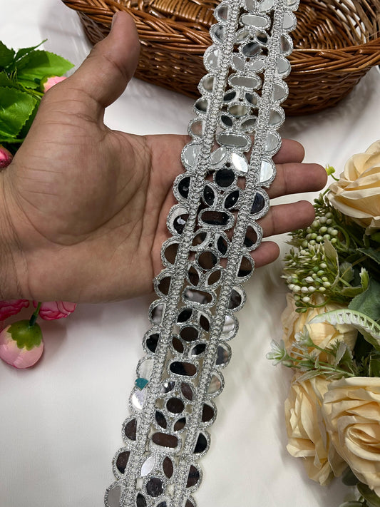 Cutwork Real Mirror Lace Border – 9 Meters, 2-Inch Heavy Mirror Embellished Trim for Sarees, Lehengas & Dupattas - Silver