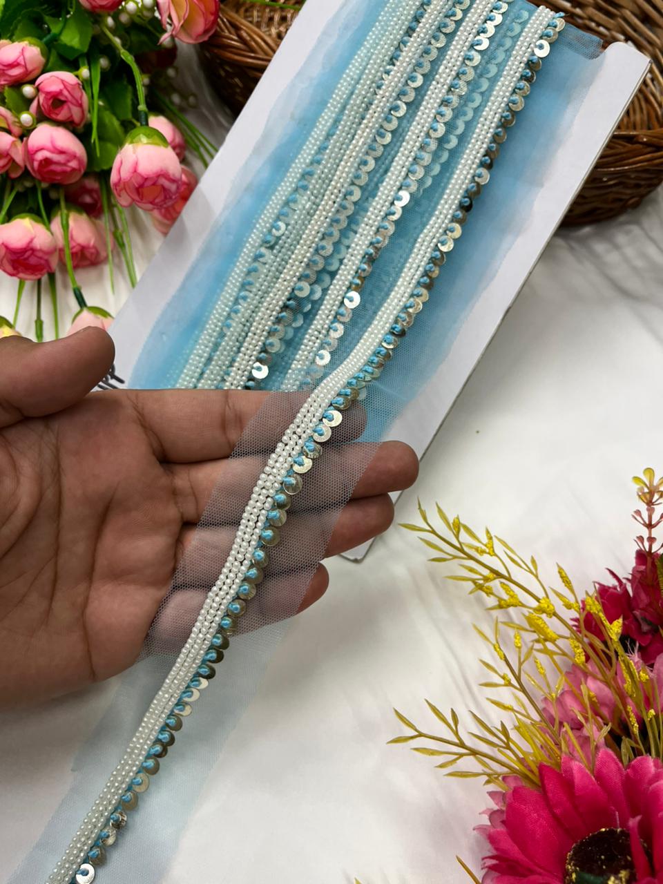 Sabyasachi Inspired Coin Lace for Sarees, Lehengas & Blouses – Designer Handmade Ethnic Lace Border (Half Inch) Sky Blue
