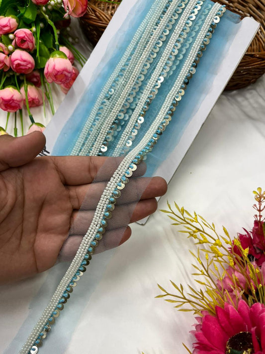 Sabyasachi Inspired Coin Lace for Sarees, Lehengas & Blouses – Designer Handmade Ethnic Lace Border (Half Inch) Sky Blue