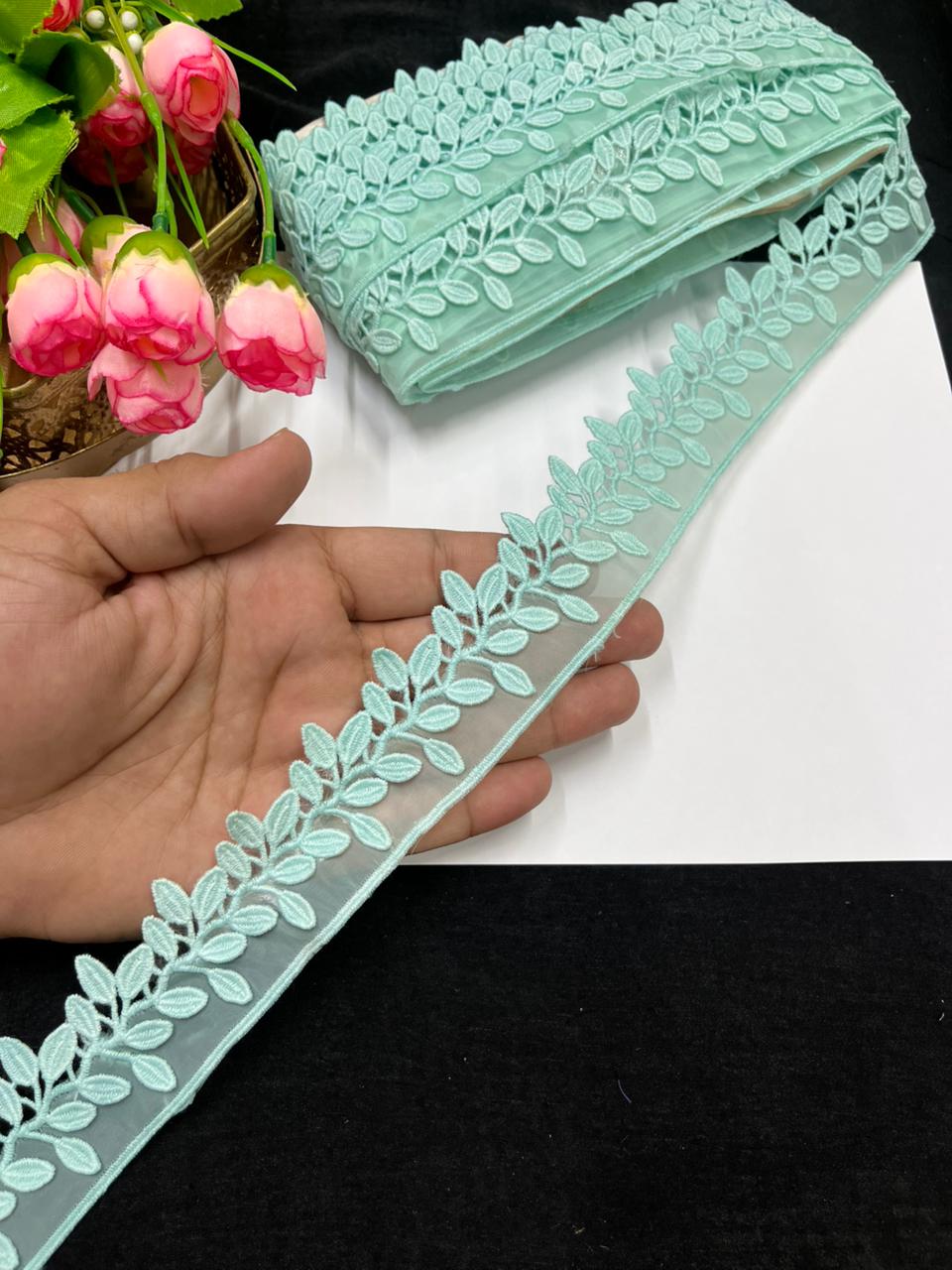 Beautiful Imported Organza Lace Trim for Sarees, Dresses & Kurtis – Designer Soft Organza Lace Border (1.5 Inch) | Sky Blue