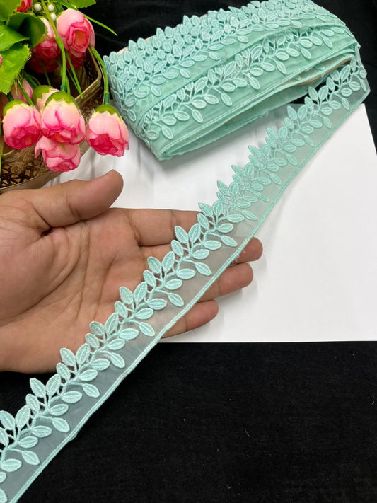 Beautiful Imported Organza Lace Trim for Sarees, Dresses & Kurtis – Designer Soft Organza Lace Border (1.5 Inch) | Sky Blue