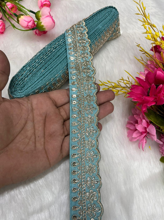 Embroidered Designer Lace – Indian Wedding Trims, Saree Border, 1.5 Inch Wide Lace Reel (9 Mtr) | Sky Blue