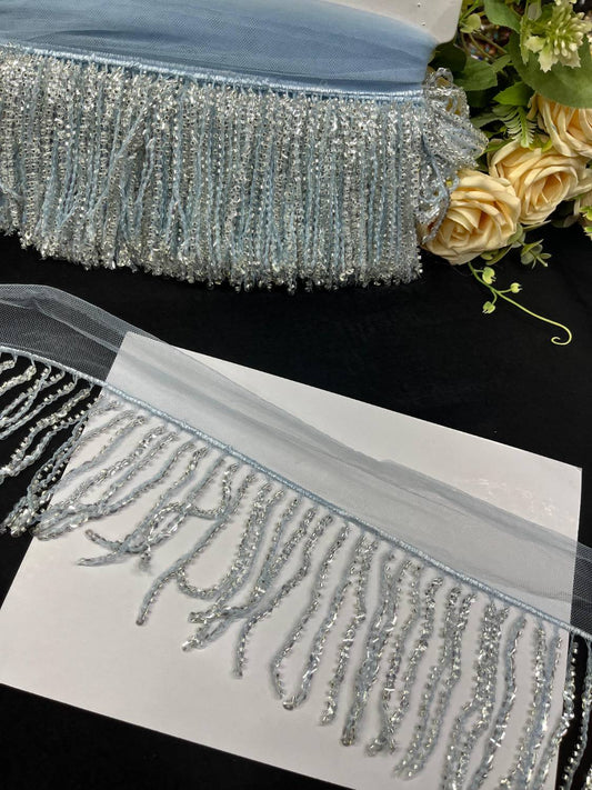 Sequence Fringe Lace | Western Imported Lace | Tassels Lace – Premium Designer Border Trim for Sarees, Lehengas & Gowns (9 Meter, 4 Inch Width) | Sky Blue