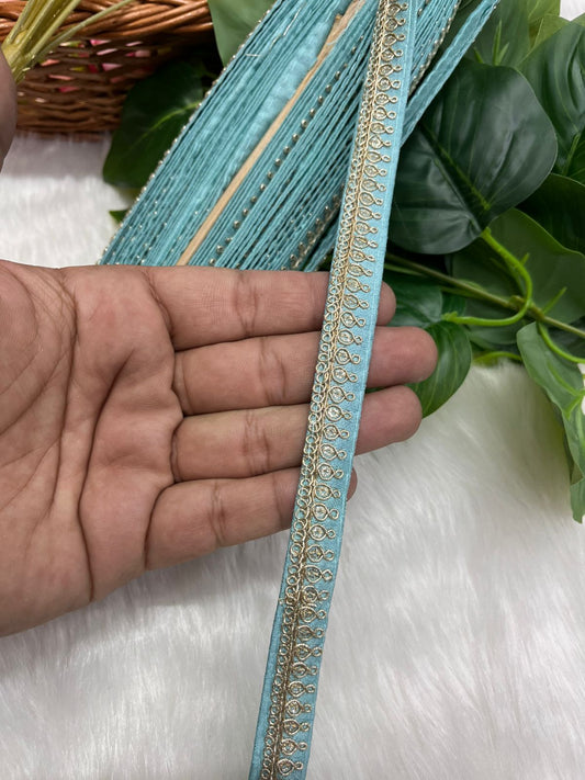 Embroidered Designer Lace - Indian Wedding Trims, Saree Border, Lace Reel 9 Meter (0.5 Inch Width) | Sky Blue