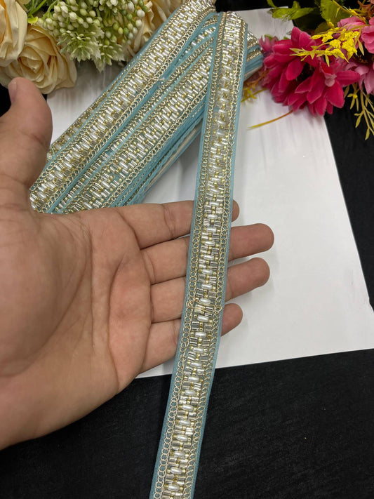 Delicate Pearl Work Designer Saree Laces – 9 Meters, 1-Inch Maggam Work Border for Sarees, Lehengas & Dupattas | Sky Blue
