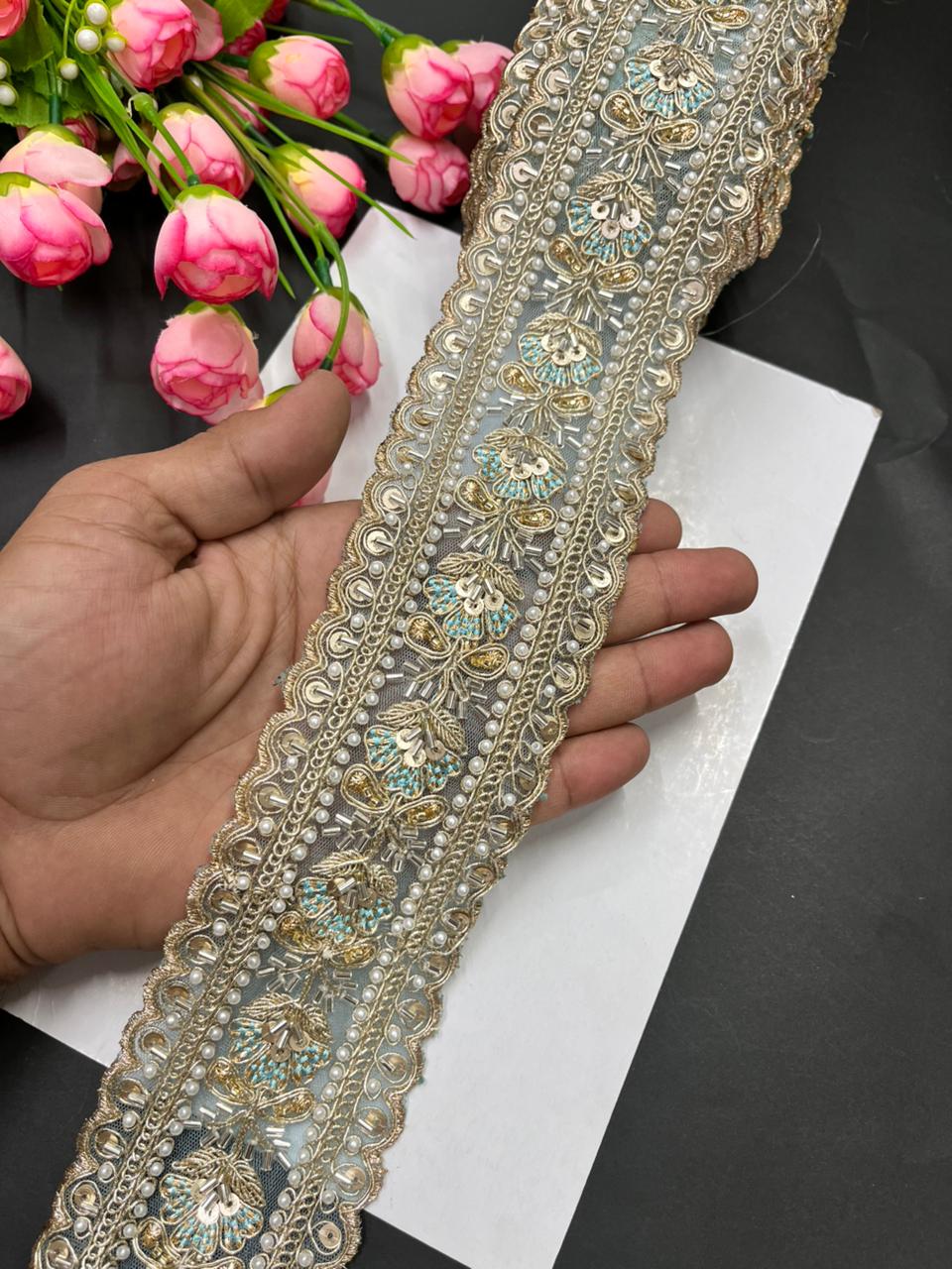 Luxurious Beaded Cutdana Bridal Saree Laces – Heavy Maggam Work Borders for Sarees, Dupattas & Lehengas (9 Meter, 2.5 Inch Width) | Sky Blue