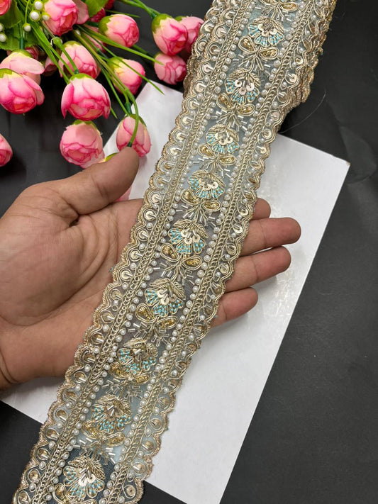 Luxurious Beaded Cutdana Bridal Saree Laces – Heavy Maggam Work Borders for Sarees, Dupattas & Lehengas (9 Meter, 2.5 Inch Width) | Sky Blue
