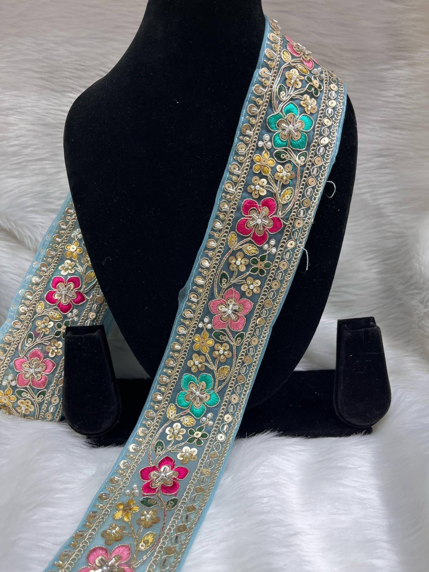 Embroidered Beaded Sequins Lace Borders on Net Fabric – 9 Meters, 2.5-Inch Maggam Work Trim for Sarees & Lehengas | Sky Blue