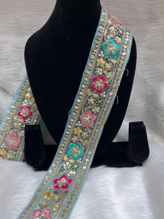 Embroidered Beaded Sequins Lace Borders on Net Fabric – 9 Meters, 2.5-Inch Maggam Work Trim for Sarees & Lehengas | Sky Blue