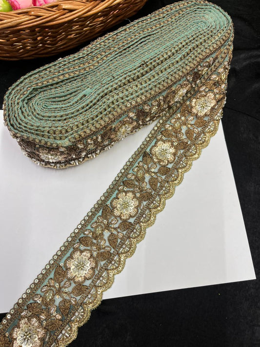 Antique Zari Flower Design Maggam Work Lace for Sarees – Premium Designer Maggam Lace | Sky Blue