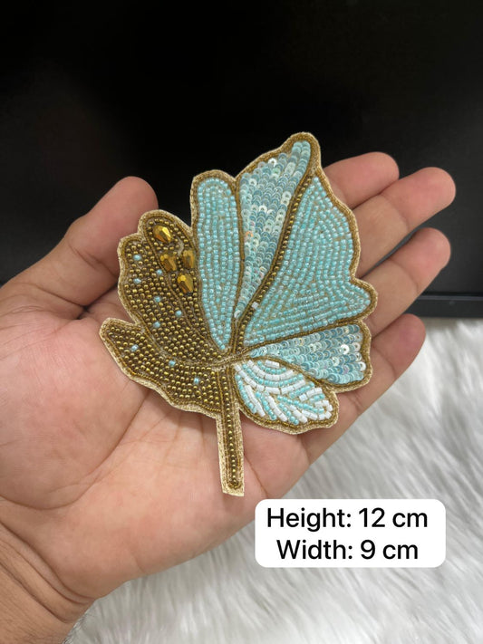Beaded Handmade Leaf Design Patch | Decorative Embroidered Patches | Applique for Sarees, Dupattas & Ethnic Wear | Sky Blue