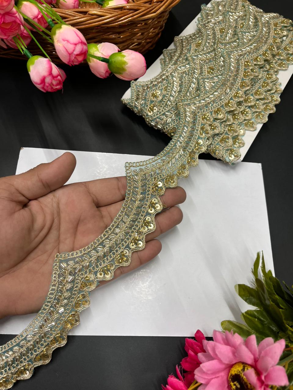 Scalloped Maggam Work Saree Lace Borders on Net Fabric – Designer Embroidered Trim for Sarees & Lehengas (9 Meter, 2 Inch Width) | Sky Blue