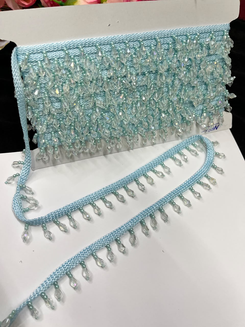 Crystal Drop Latkan Lace for Dupattas, Blouses, Sarees & Lehengas – Designer Hanging Crystal Lace Border (1 Inch) | DC1047 | Sky Blue