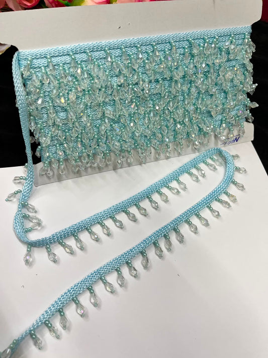 Crystal Drop Latkan Lace for Dupattas, Blouses, Sarees & Lehengas – Designer Hanging Crystal Lace Border (1 Inch) | DC1047 | Sky Blue