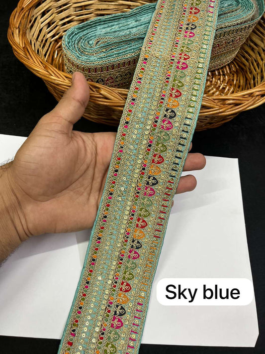 Sabyasachi Inspired Embroidery Designer Saree Lace Border (9 Meter) – 3 Inch Wide Premium Trim | Sky Blue