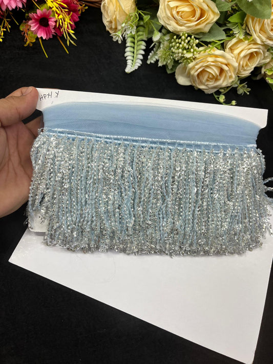Sequence Fringe Lace | Western Imported Lace | Tassels Lace – Premium Designer Border Trim for Sarees, Lehengas & Gowns (9 Meter, 4 Inch Width) | Sky Blue