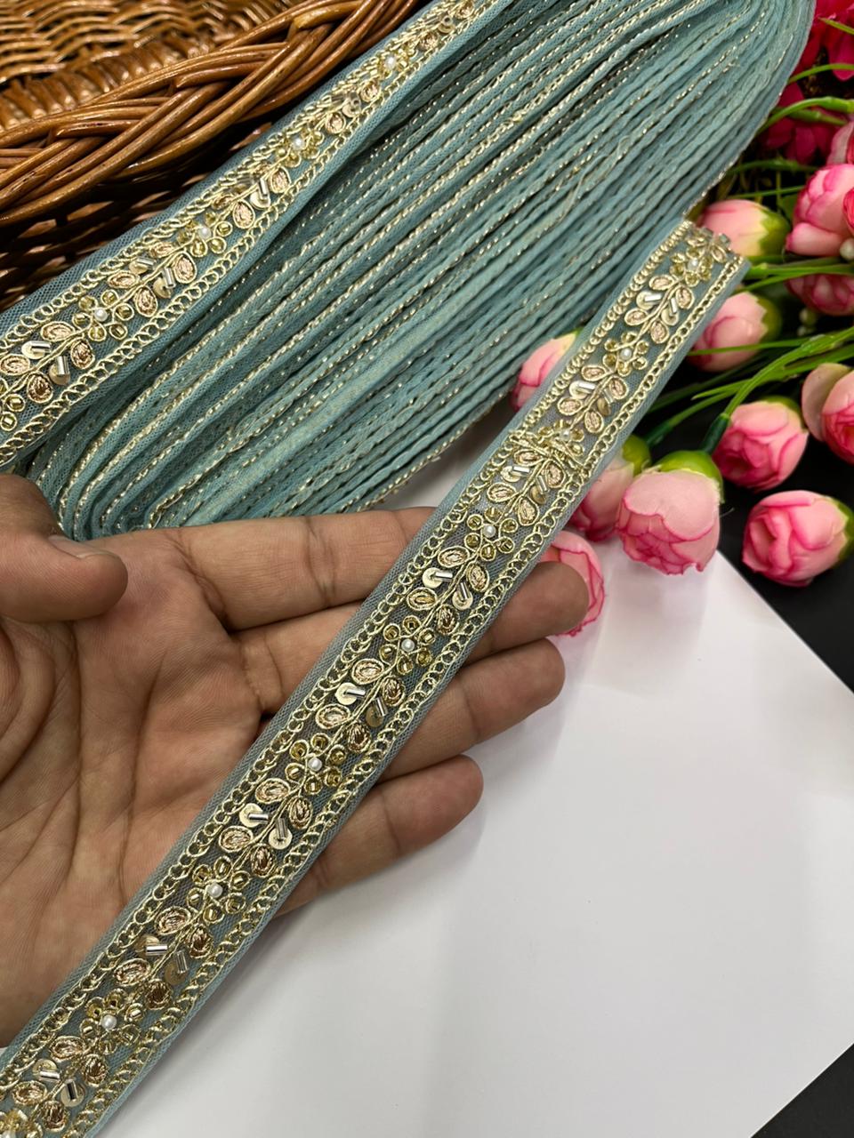 Designer Maggam Work Lace for Sarees – Premium 1 Inch Hand-Embellished Border for Lehengas, Dupattas & Bridal Wear (9 Meter) | Sky Blue
