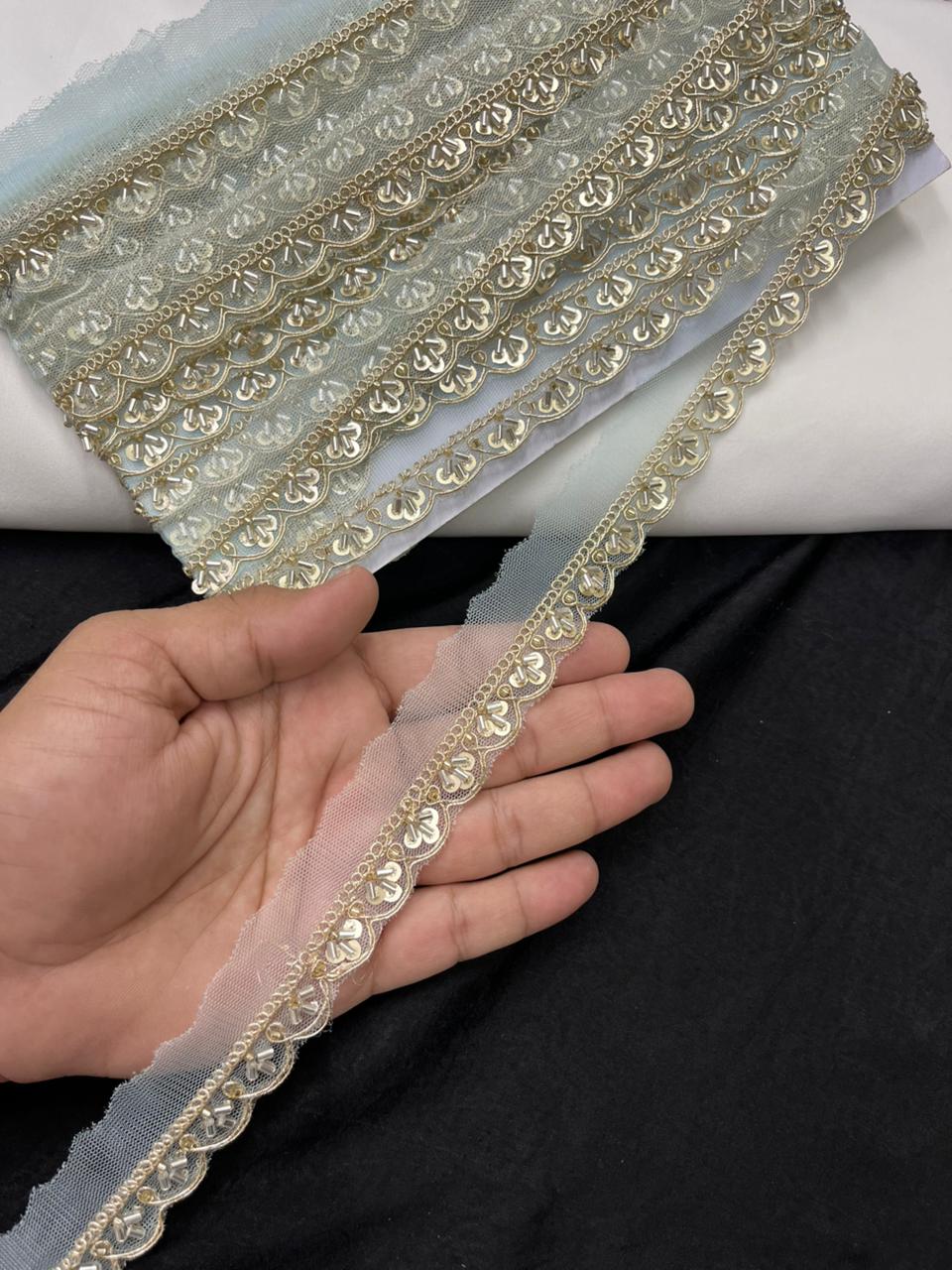 Scalloped Cutdana Work Lace for Sarees & Dupattas – Designer Maggam Work Lace Border (Half Inch) | Sky Blue
