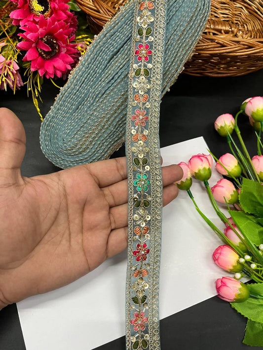 Beautiful Multicoloured Cutdana Beaded Saree Lace & Dupatta Lace – Premium Maggam Work Border Trim (9 Meter, 1.5 Inch Width) | Sky Blue