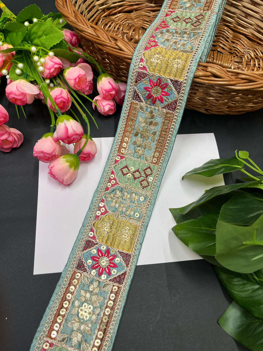 Sabyasachi Inspired Embroidered Sari Border with Zari & Sequin – 9 Meters, 2.5-Inch Designer Lace for Sarees & Lehengas | Sky Blue