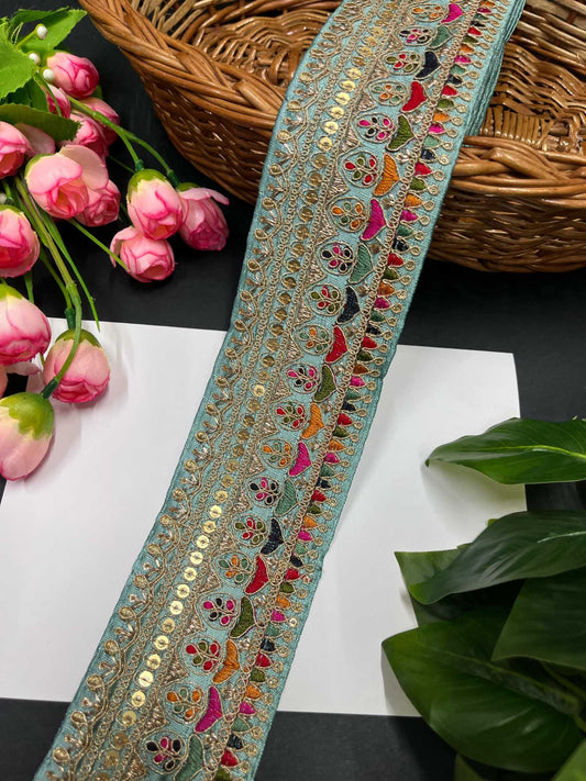 Exquisite Embroidered Lace Border – 9 Meters, 2.5-Inch Sabyasachi Inspired Designer Trim for Sarees & Lehengas | Sky Blue
