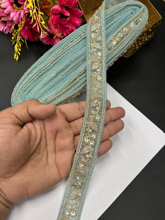 Pearl Zari Embroidered Net Lace – Designer Maggam Work Border for Sarees, Lehengas & Dupattas (9 Meter, 1 Inch Width) | Sky Blue