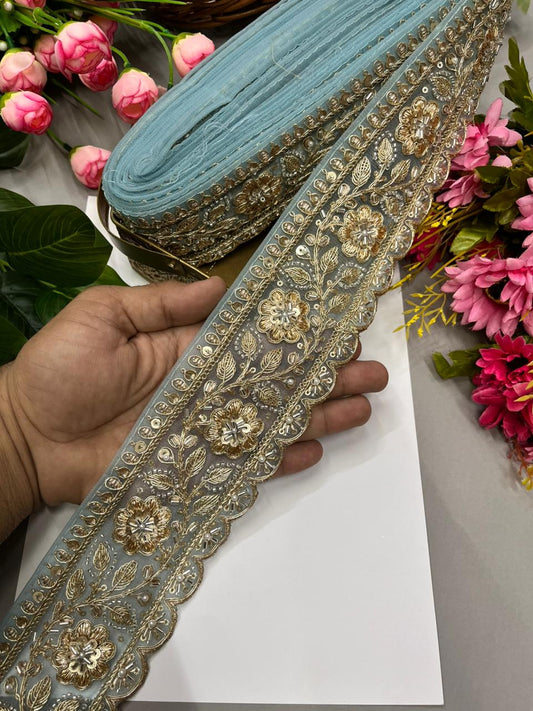 Designer Bridal Saree Lace Border – Premium 3 Inch Handcrafted Maggam Work Decorative Border for Wedding & Festive Wear (9 Meter) | Sky Blue