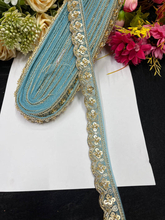Handcrafted Katdana Saree Laces – 9 Meters, 1-Inch Maggam Work Embellished Border for Sarees, Lehengas & Dupattas | Sky Blue