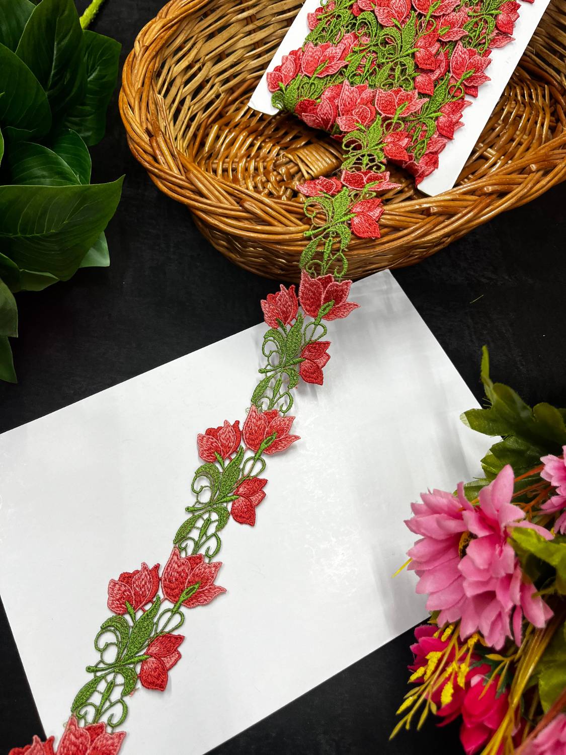 Imported Guipure Flower Lace Trim | Cutwork Western Designer Border for Sarees, Gowns & Ethnic Wear (9 Meter, 1.5 Inch Width) | Tomato