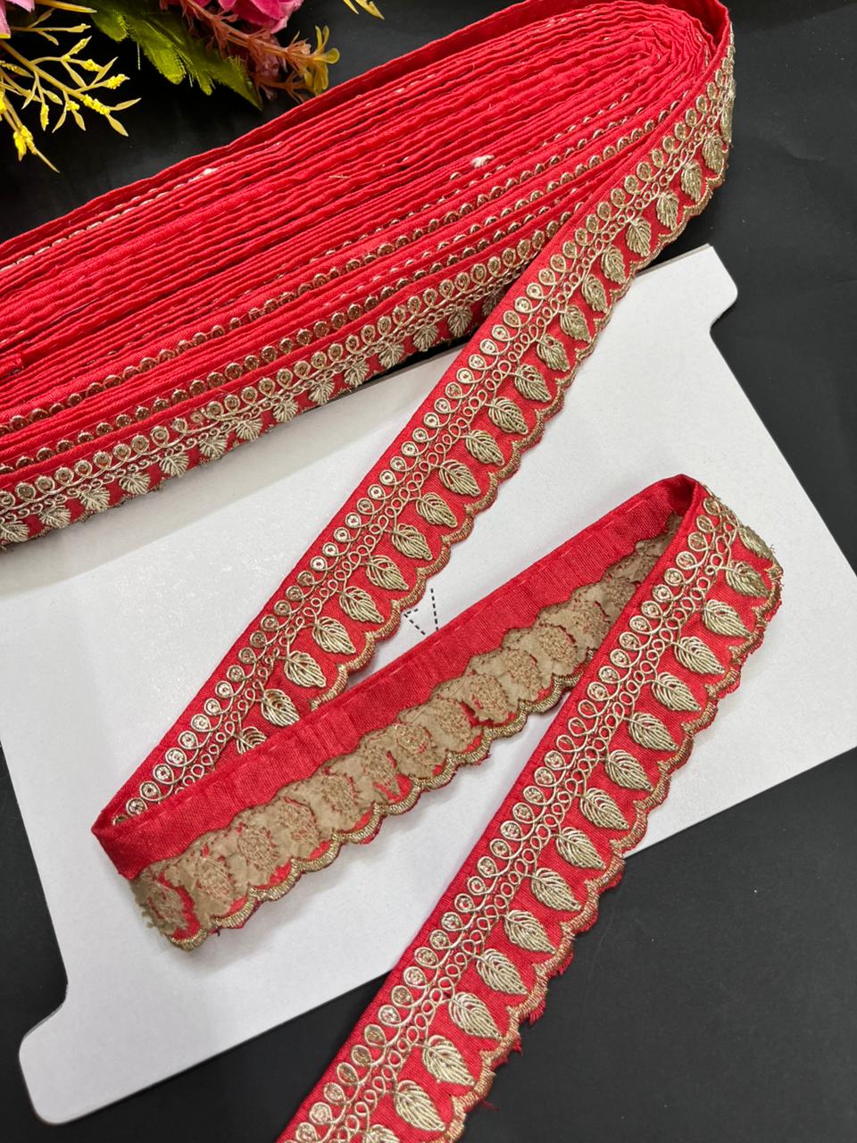 Embroidered Zari Lace Border for Saree, Lehenga & Craft Projects – Designer 1 Inch Embroidery Lace for Ethnic Wear (9 Meter) | Tomato Pink
