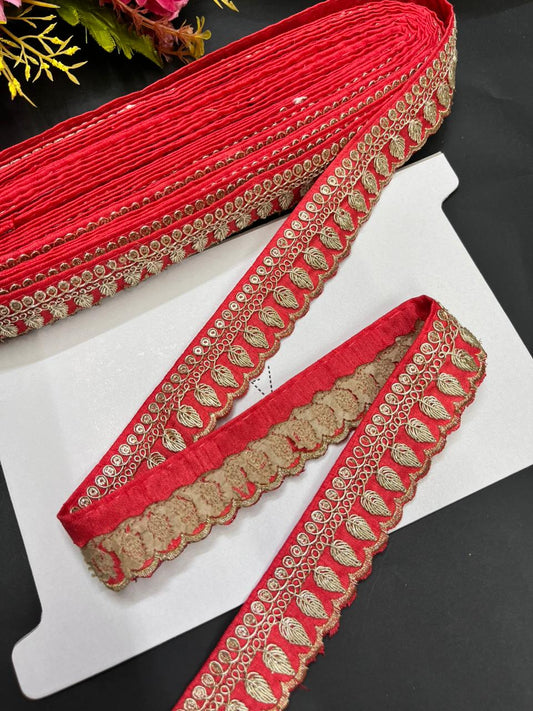 Embroidered Zari Lace Border for Saree, Lehenga & Craft Projects – Designer 1 Inch Embroidery Lace for Ethnic Wear (9 Meter) | Tomato Pink