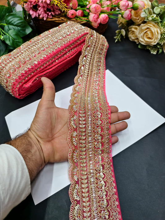 Exclusive Flower Embroidered Saree Lace Design – Premium Maggam Work Lace Border for Ethnic Wear | Tomato Pink