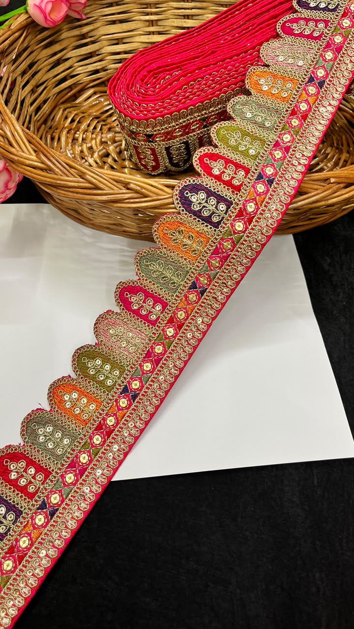 Sabyasachi Style Embroidered Lace for Sarees, Lehengas, Dupattas & Blouses – Designer Ethnic Embroidery Lace Border (2 Inch) | DC1065 | Tomato