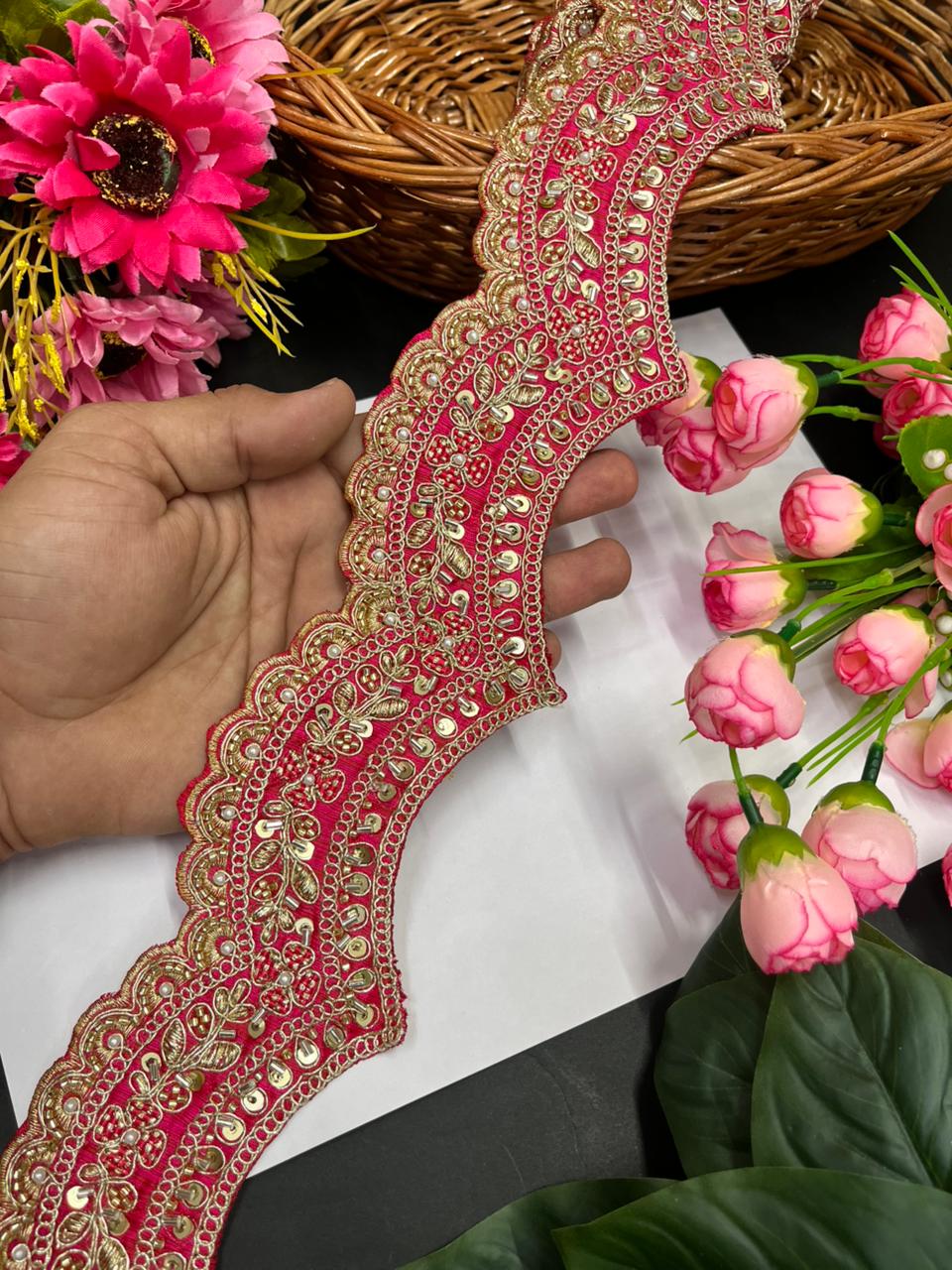 Scalloped Maggam Work Saree Borders – Premium Designer Maggam Lace Border for Ethnic Wear | Tomato