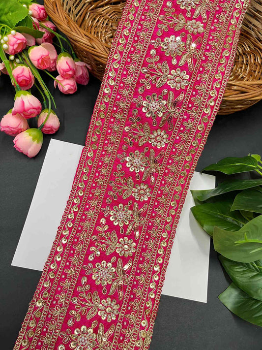 Handcrafted Exquisite Embroidered Cutdana Bridal Lehenga Border – 9 Meters, 5-Inch Maggam Work Lace | Tomato