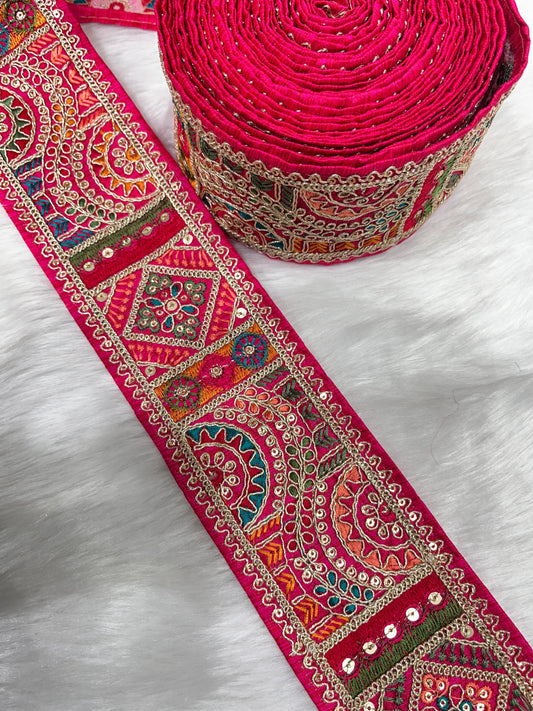 3 Inch Indian Saree Lace Border Embroidered Trim – Floral Decorative Ribbon for Art Quilts & Craft Projects (9 Meter) | Tomato