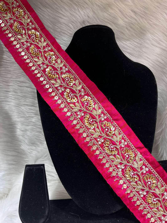 Exclusive Beaded Embroidered Lace – 9 Meters, 2-Inch Maggam Work Border Trim for Sarees & Lehengas | Tomato