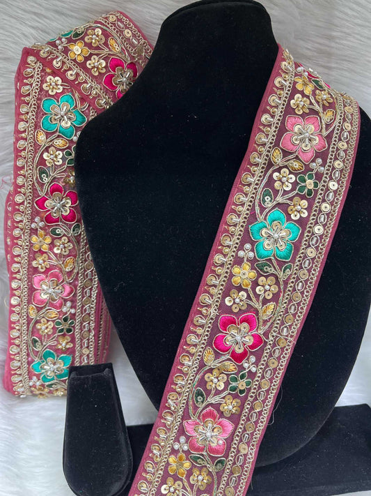 Embroidered Beaded Sequins Lace Borders on Net Fabric – 9 Meters, 2.5-Inch Maggam Work Trim for Sarees & Lehengas | Tomato